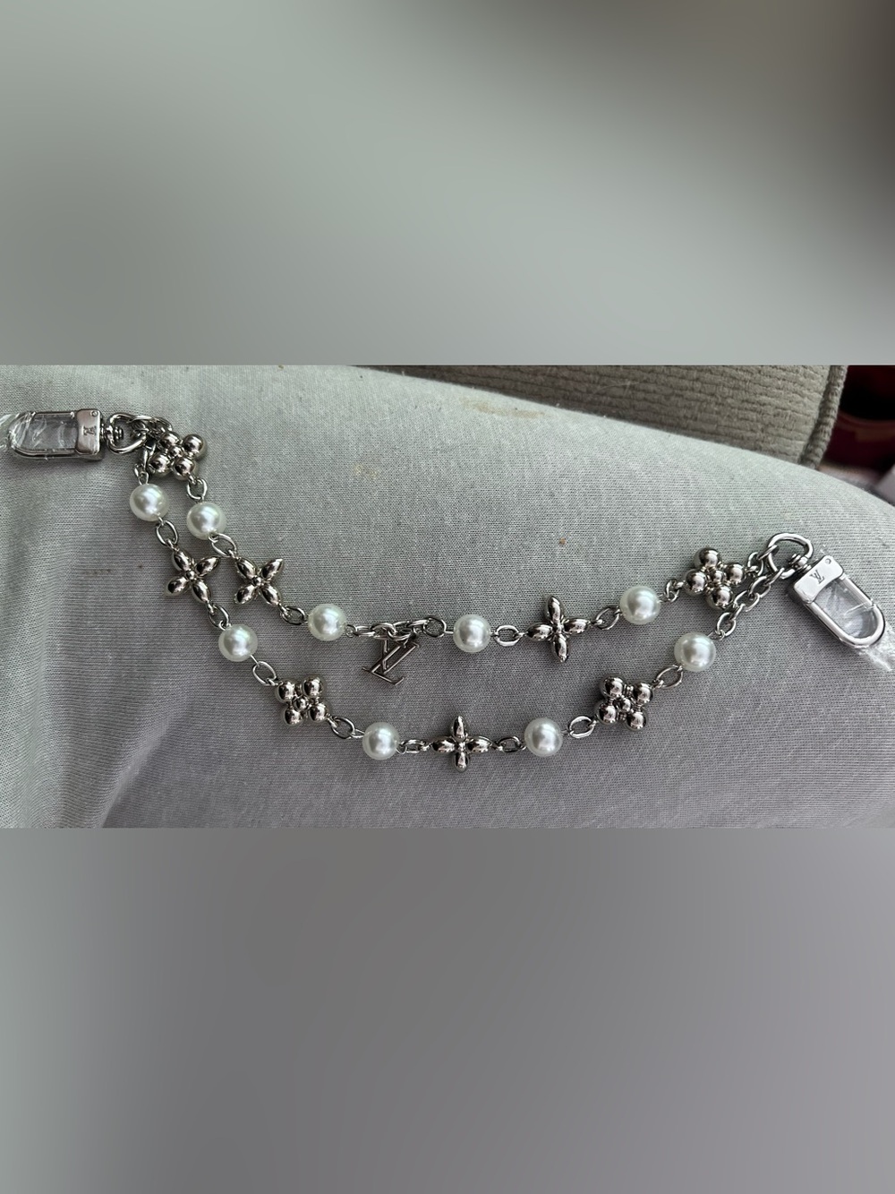 Double Strand Pearl & Silver Floral Bag Chain Bracelet - Women Jewelry